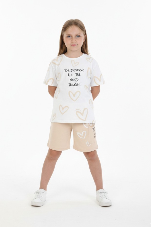 Kız Çocuk %100 Pamuk Reaktif Boyama Kalp Desenli Kısa Kollu Şortlu Takımı