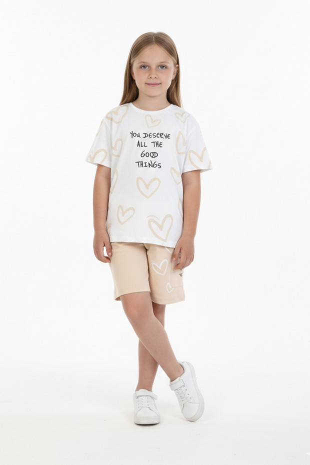 Kız Çocuk %100 Pamuk Reaktif Boyama Kalp Desenli Kısa Kollu Şortlu Takımı