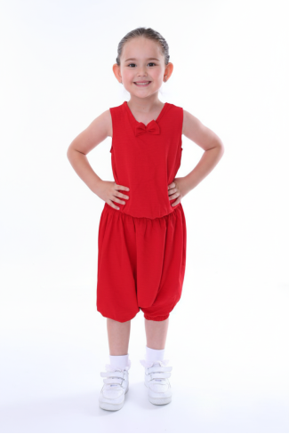 Kız Çocuk Kolsuz V Yaka Fiyonk Detaylı Şalvar Kesim Rahat Yazlık Takım