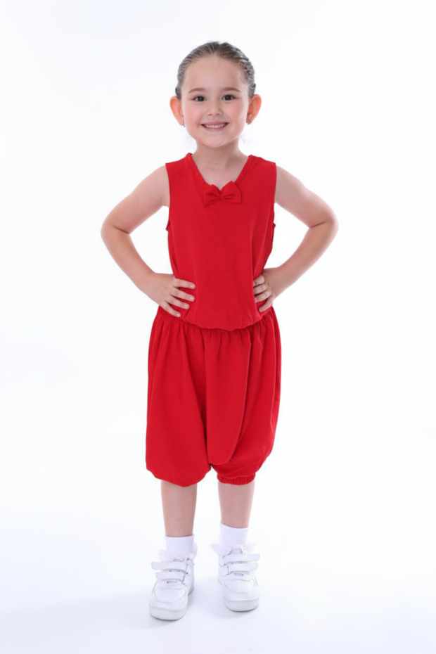 Kız Çocuk Kolsuz V Yaka Fiyonk Detaylı Şalvar Kesim Rahat Yazlık Takım