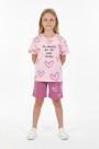 Kız Çocuk %100 Pamuk Reaktif Boyama Kalp Desenli Kısa Kollu Şortlu Takımı 