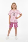 Kız Çocuk %100 Pamuk Reaktif Boyama Kalp Desenli Kısa Kollu Şortlu Takımı 