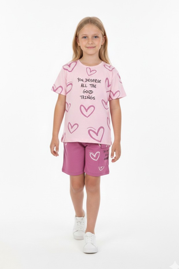Kız Çocuk %100 Pamuk Reaktif Boyama Kalp Desenli Kısa Kollu Şortlu Takımı 
