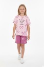 Kız Çocuk %100 Pamuk Reaktif Boyama Kalp Desenli Kısa Kollu Şortlu Takımı 