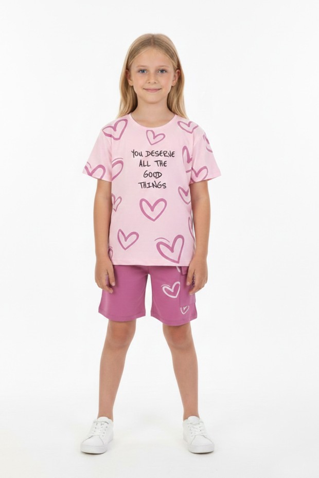 Kız Çocuk %100 Pamuk Reaktif Boyama Kalp Desenli Kısa Kollu Şortlu Takımı 