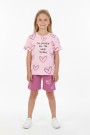 Kız Çocuk %100 Pamuk Reaktif Boyama Kalp Desenli Kısa Kollu Şortlu Takımı 