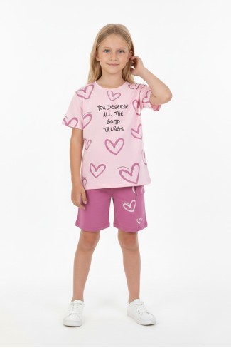 Kız Çocuk %100 Pamuk Reaktif Boyama Kalp Desenli Kısa Kollu Şortlu Takımı 