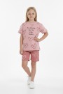 Kız Çocuk %100 Pamuk Reaktif Boyama Kalp Desenli Kısa Kollu Şortlu Takımı