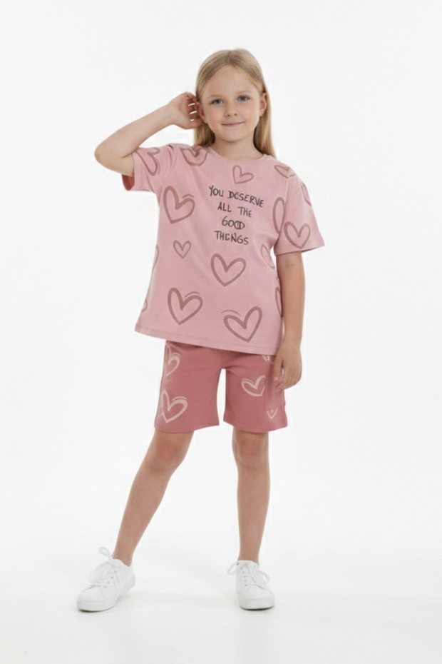 Kız Çocuk %100 Pamuk Reaktif Boyama Kalp Desenli Kısa Kollu Şortlu Takımı