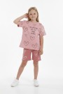 Kız Çocuk %100 Pamuk Reaktif Boyama Kalp Desenli Kısa Kollu Şortlu Takımı