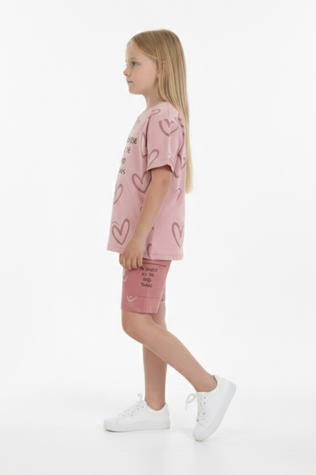Kız Çocuk %100 Pamuk Reaktif Boyama Kalp Desenli Kısa Kollu Şortlu Takımı