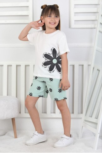 Kız Çocuk Papatya Baskılı Kısa Kollu Tişört Ve Çiçek Desenli Şortlu Pamuklu Takımı