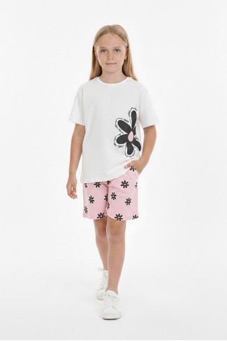 Kız Çocuk Papatya Baskılı Kısa Kollu Tişört Ve Çiçek Desenli Şortlu Pamuklu Takımı