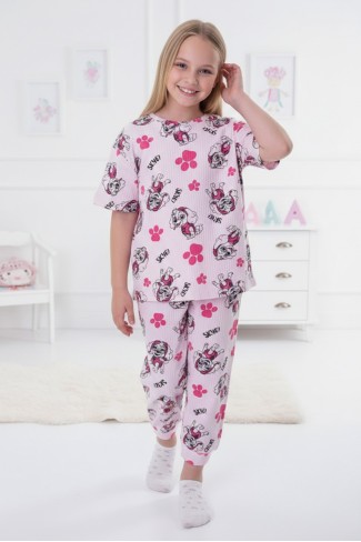 Garson Kız Çocuk Köpek Figürlü ve Pati Desenli %100 Pamuk İnterlok Kumaş Kısa Kollu Pijama Takımı 