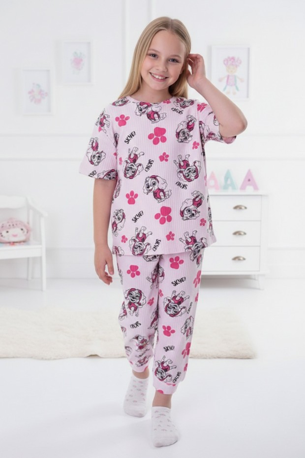 Garson Kız Çocuk Köpek Figürlü ve Pati Desenli %100 Pamuk İnterlok Kumaş Kısa Kollu Pijama Takımı 