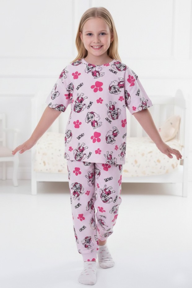 Garson Kız Çocuk Köpek Figürlü ve Pati Desenli %100 Pamuk İnterlok Kumaş Kısa Kollu Pijama Takımı 