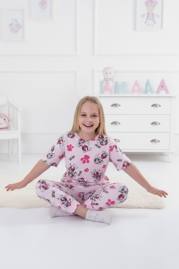 Garson Kız Çocuk Köpek Figürlü ve Pati Desenli %100 Pamuk İnterlok Kumaş Kısa Kollu Pijama Takımı 