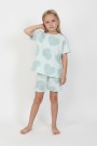 Kız Çocuk Yeşili Büyük Kalp Desenli %100 Pamuk Süprem Kumaş Kısa Kollu Pijama Takımı 
