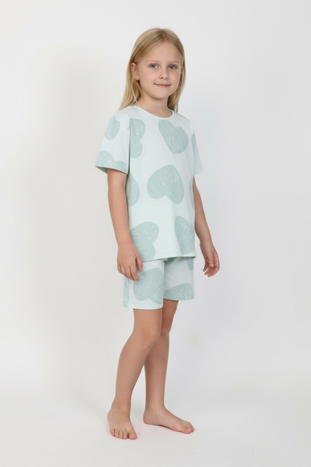 Kız Çocuk Yeşili Büyük Kalp Desenli %100 Pamuk Süprem Kumaş Kısa Kollu Pijama Takımı 