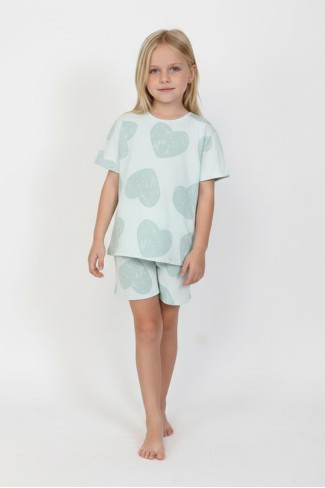 Kız Çocuk Yeşili Büyük Kalp Desenli %100 Pamuk Süprem Kumaş Kısa Kollu Pijama Takımı 