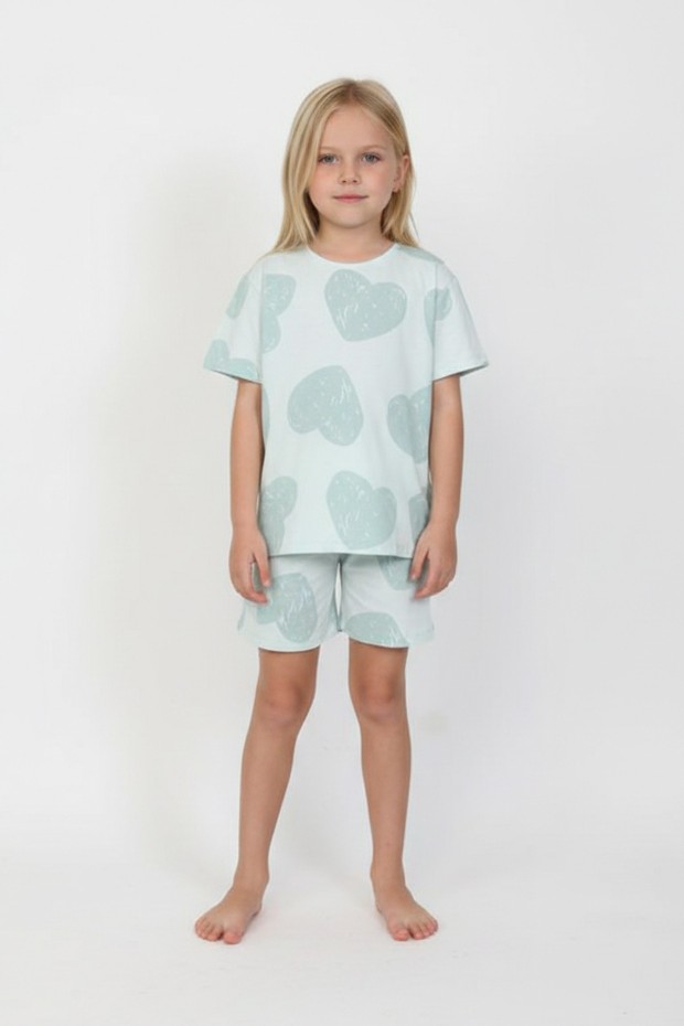 Kız Çocuk Yeşili Büyük Kalp Desenli %100 Pamuk Süprem Kumaş Kısa Kollu Pijama Takımı 