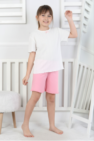 Kız Çocuk Kısa Kollu Bisiklet Yaka Tişört Ve Şortlu Pamuklu Yazlık Pijama Takımı