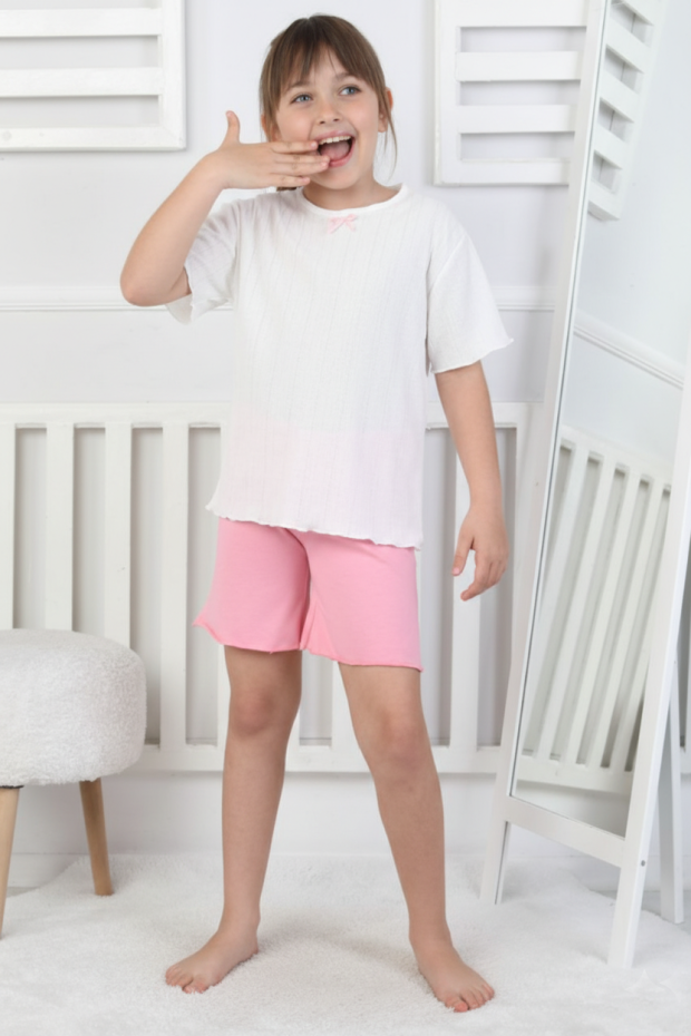 Kız Çocuk Kısa Kollu Bisiklet Yaka Tişört Ve Şortlu Pamuklu Yazlık Pijama Takımı