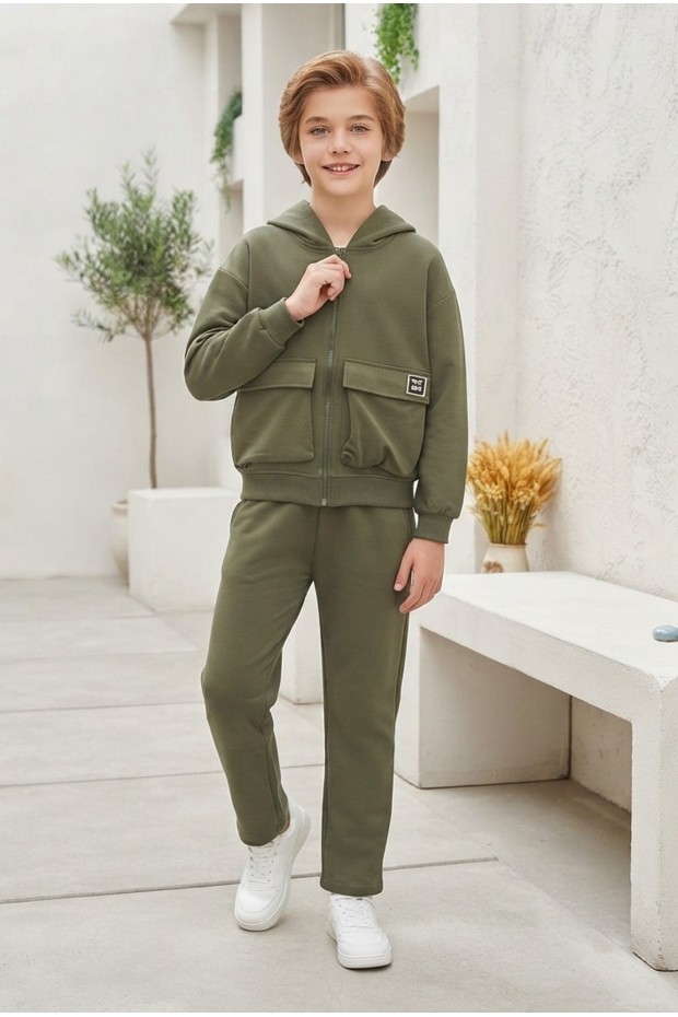 Erkek Çocuk Kapaklı Cep Detaylı Fermuarlı %100 Pamuk İki İplik Fırçalı Kumaş Kapüşonlu Düz Takım