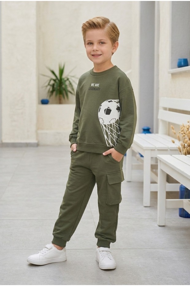Erkek Çocuk Futbol Topu Baskılı %100 Pamuk İki İplik Fırçalı Kumaş Sweat Ve Kargo Cepli Takım