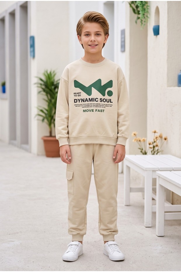 Erkek Çocuk Dynamic Soul Baskılı %100 Pamuk İki İplik Sweatshirt Ve Kargo Cepli Eşofman Takımı