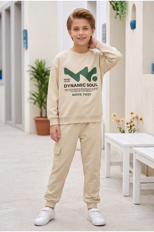 Erkek Çocuk Dynamic Soul Baskılı %100 Pamuk İki İplik Sweatshirt Ve Kargo Cepli Eşofman Takımı