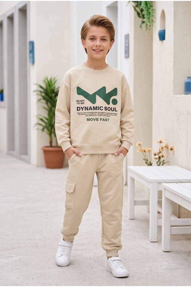 Erkek Çocuk Dynamic Soul Baskılı %100 Pamuk İki İplik Sweatshirt Ve Kargo Cepli Eşofman Takımı