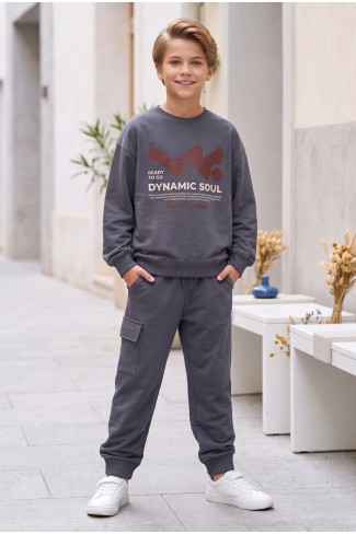 Erkek Çocuk Dynamic Soul Baskılı %100 Pamuk İki İplik Sweatshirt Ve Kargo Cepli Eşofman Takımı