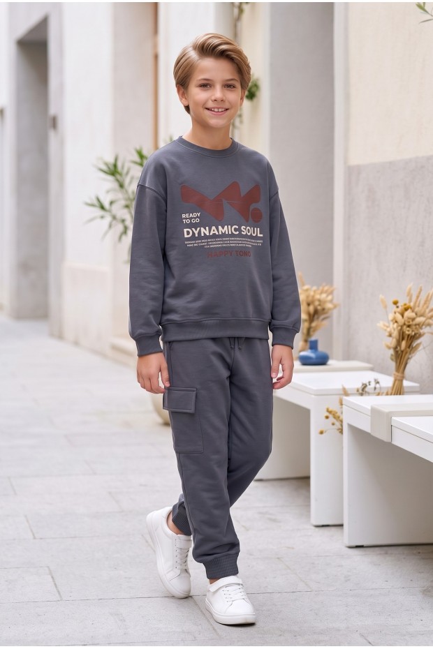 Erkek Çocuk Dynamic Soul Baskılı %100 Pamuk İki İplik Sweatshirt Ve Kargo Cepli Eşofman Takımı