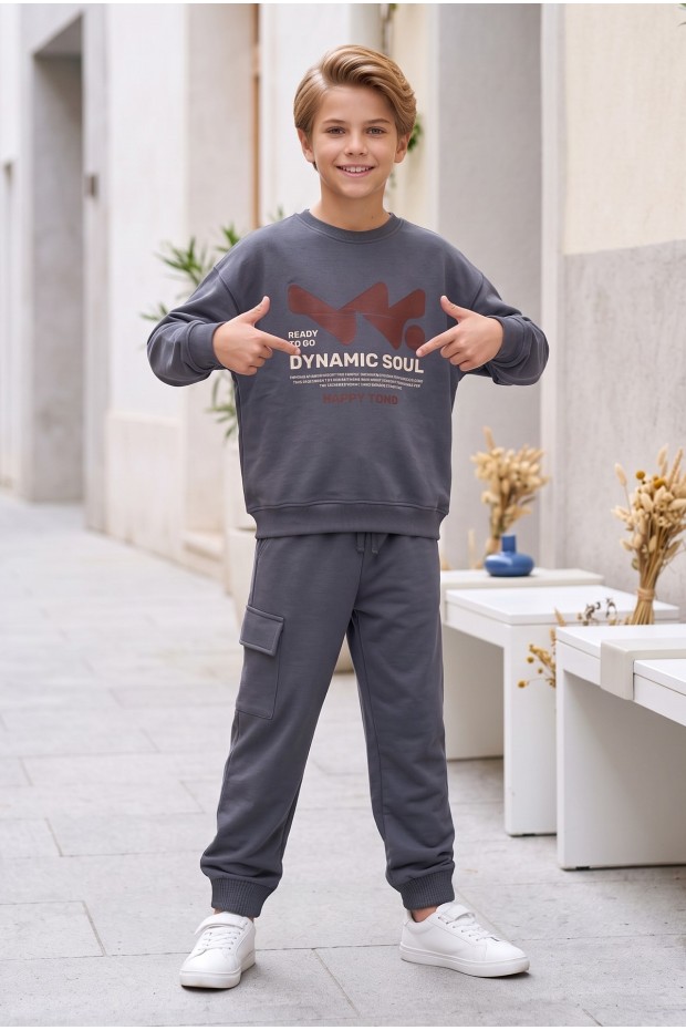 Erkek Çocuk Dynamic Soul Baskılı %100 Pamuk İki İplik Sweatshirt Ve Kargo Cepli Eşofman Takımı