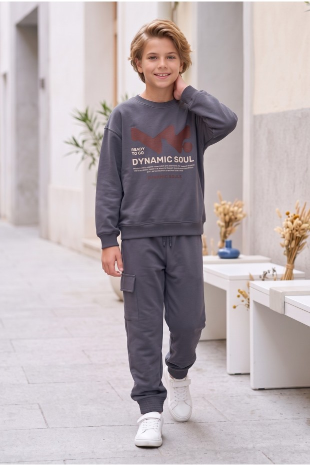 Erkek Çocuk Dynamic Soul Baskılı %100 Pamuk İki İplik Sweatshirt Ve Kargo Cepli Eşofman Takımı