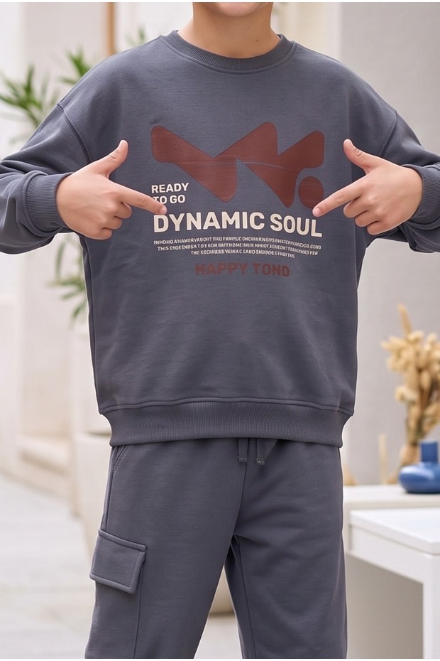Erkek Çocuk Dynamic Soul Baskılı %100 Pamuk İki İplik Sweatshirt Ve Kargo Cepli Eşofman Takımı