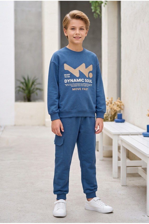 Erkek Çocuk Dynamic Soul Baskılı %100 Pamuk İki İplik Sweatshirt Ve Kargo Cepli Eşofman Takımı