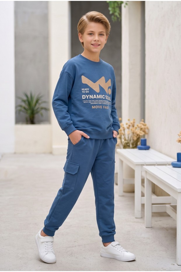 Erkek Çocuk Dynamic Soul Baskılı %100 Pamuk İki İplik Sweatshirt Ve Kargo Cepli Eşofman Takımı