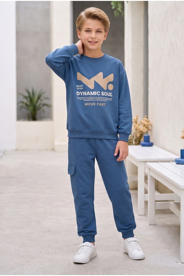 Erkek Çocuk Dynamic Soul Baskılı %100 Pamuk İki İplik Sweatshirt Ve Kargo Cepli Eşofman Takımı