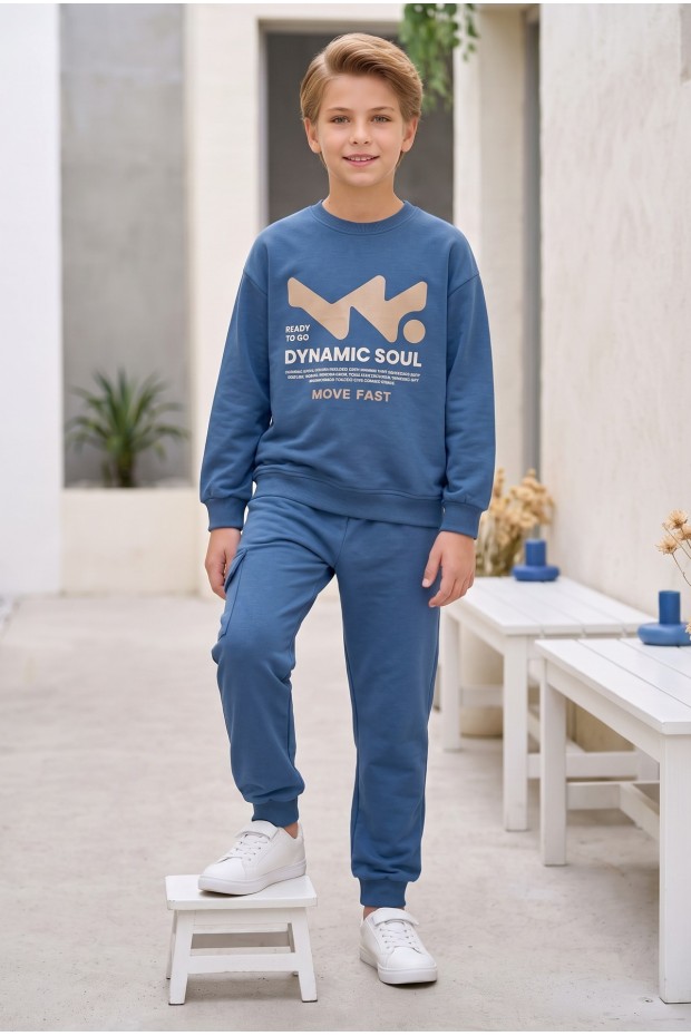 Erkek Çocuk Dynamic Soul Baskılı %100 Pamuk İki İplik Sweatshirt Ve Kargo Cepli Eşofman Takımı