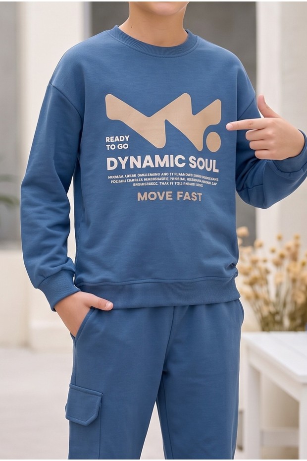 Erkek Çocuk Dynamic Soul Baskılı %100 Pamuk İki İplik Sweatshirt Ve Kargo Cepli Eşofman Takımı