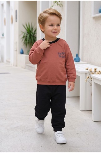 Erkek Bebek Ön Ve Arkası Baskılı İki İplik Fırçalı Kumaş Takım 