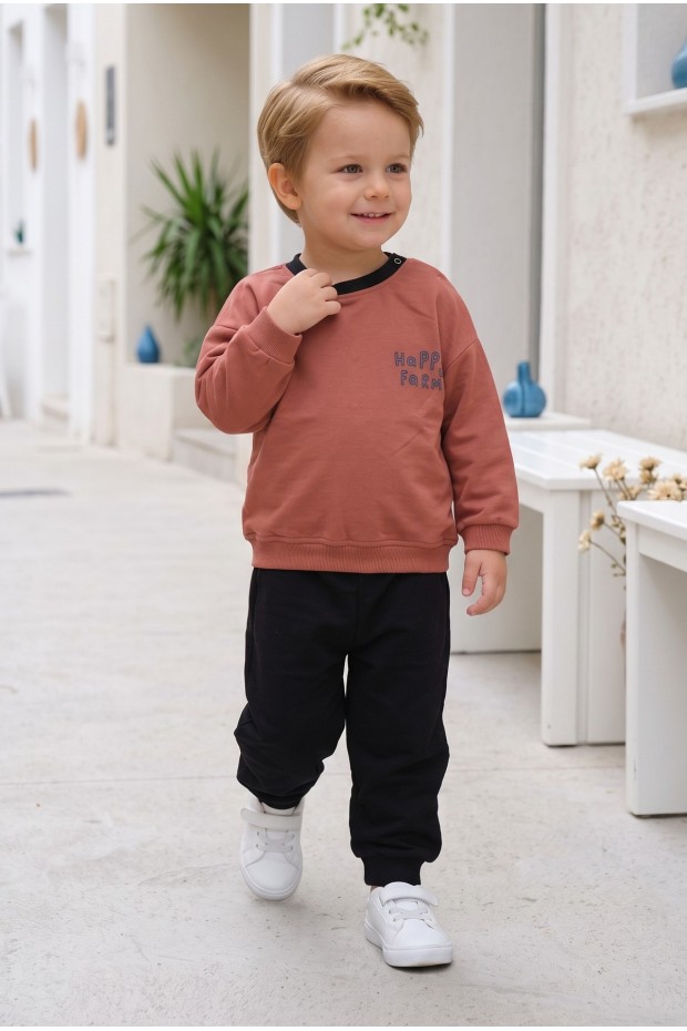 Erkek Bebek Ön Ve Arkası Baskılı İki İplik Fırçalı Kumaş Takım 