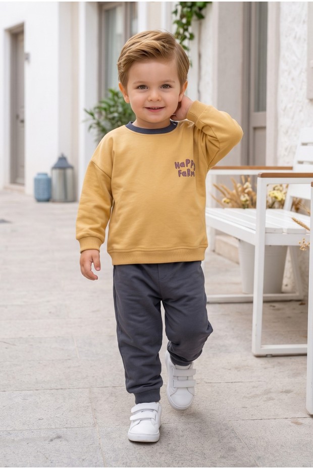 Erkek Bebek Ön Ve Arkası Baskılı İki İplik Fırçalı Kumaş Takım 