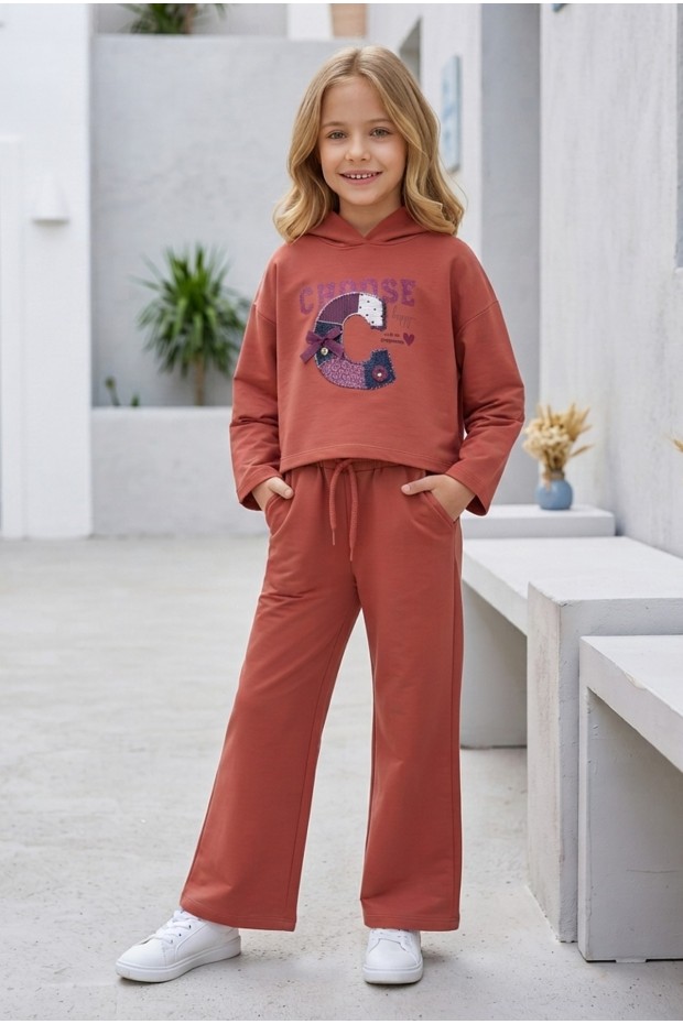 Kız Çocuk Choose Happy Baskılı %100 Pamuk İki İplik Kapşonlu Bol Paça Pantolonlu Takım