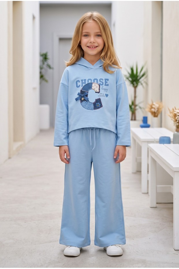 Kız Çocuk Choose Happy Baskılı %100 Pamuk İki İplik Kapşonlu Bol Paça Pantolonlu Takım