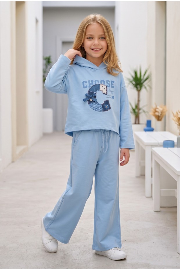 Kız Çocuk Choose Happy Baskılı %100 Pamuk İki İplik Kapşonlu Bol Paça Pantolonlu Takım