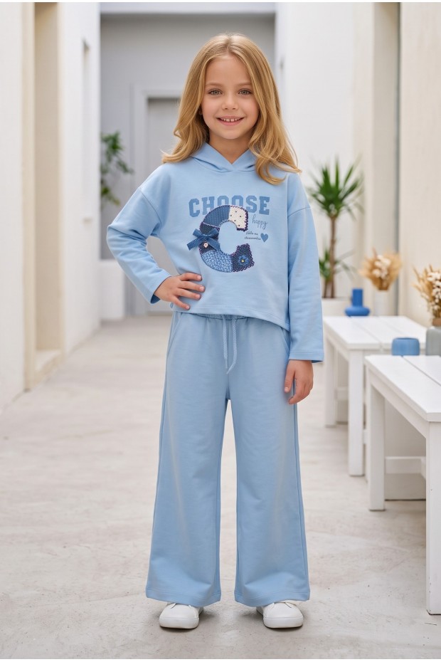 Kız Çocuk Choose Happy Baskılı %100 Pamuk İki İplik Kapşonlu Bol Paça Pantolonlu Takım