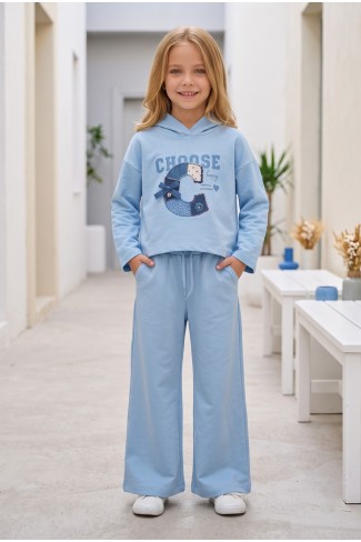 Kız Çocuk Choose Happy Baskılı %100 Pamuk İki İplik Kapşonlu Bol Paça Pantolonlu Takım